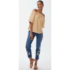 Chico's Linen Off Shoulder Romance Sleeve Top Women Size 1 M Coriander Beige NWT